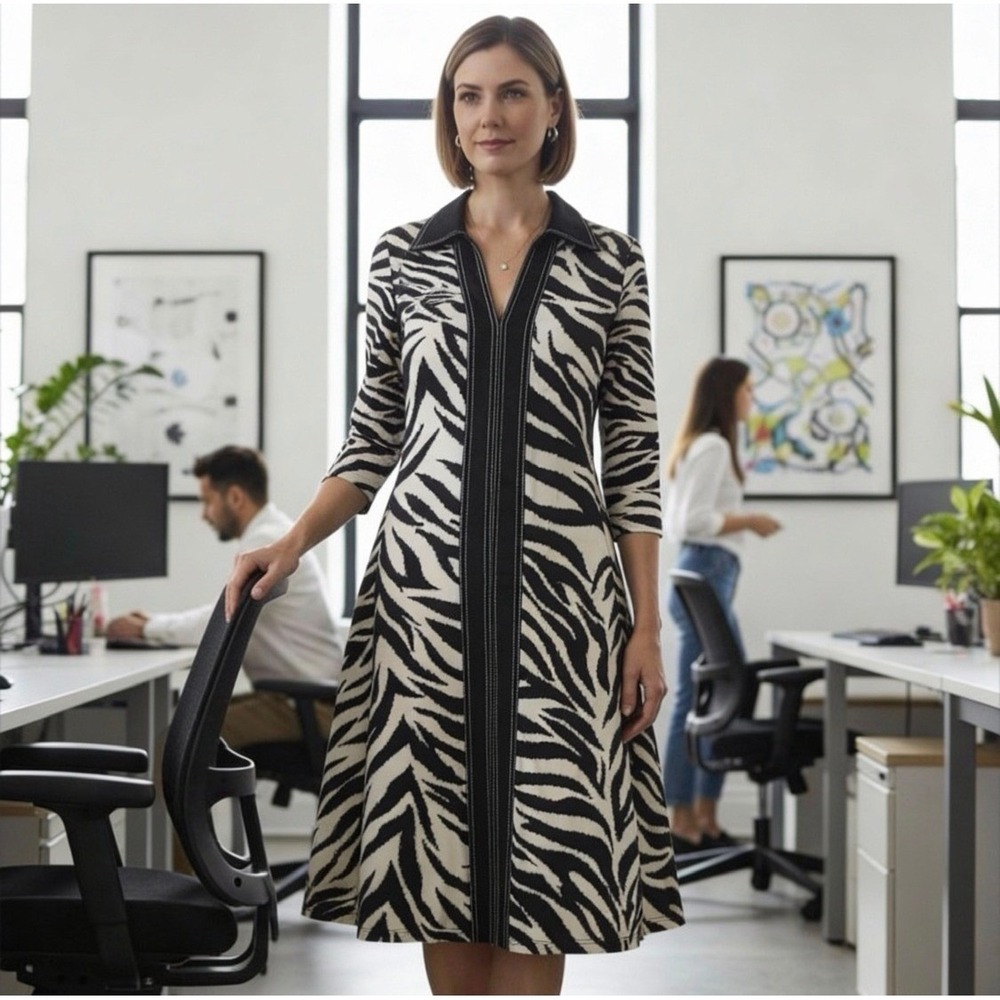 Connected Womens Black Tan Zebra Print Collared Pullover Midi Dress Size 10